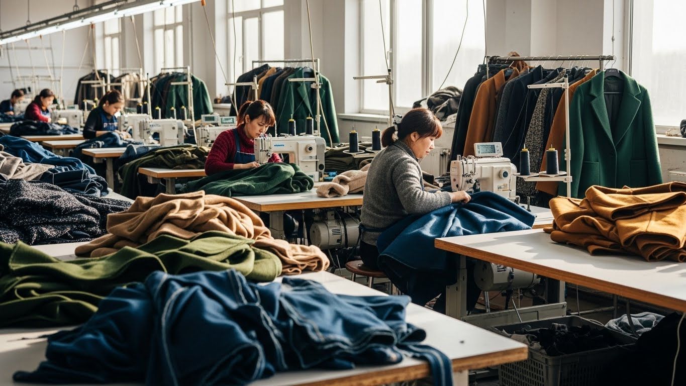 Женская одежда из плотных тканей на фабрике