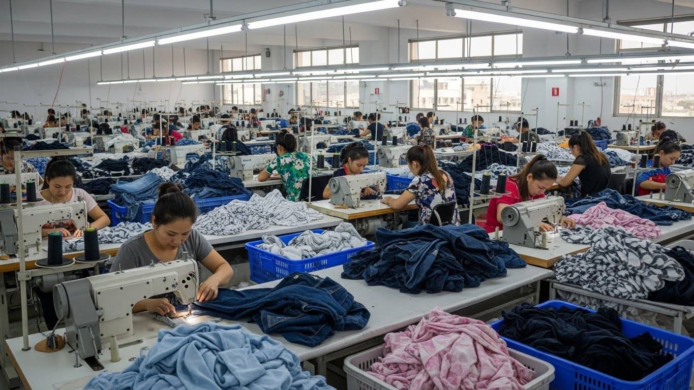 Массовое производство одежды на швейной фабрике