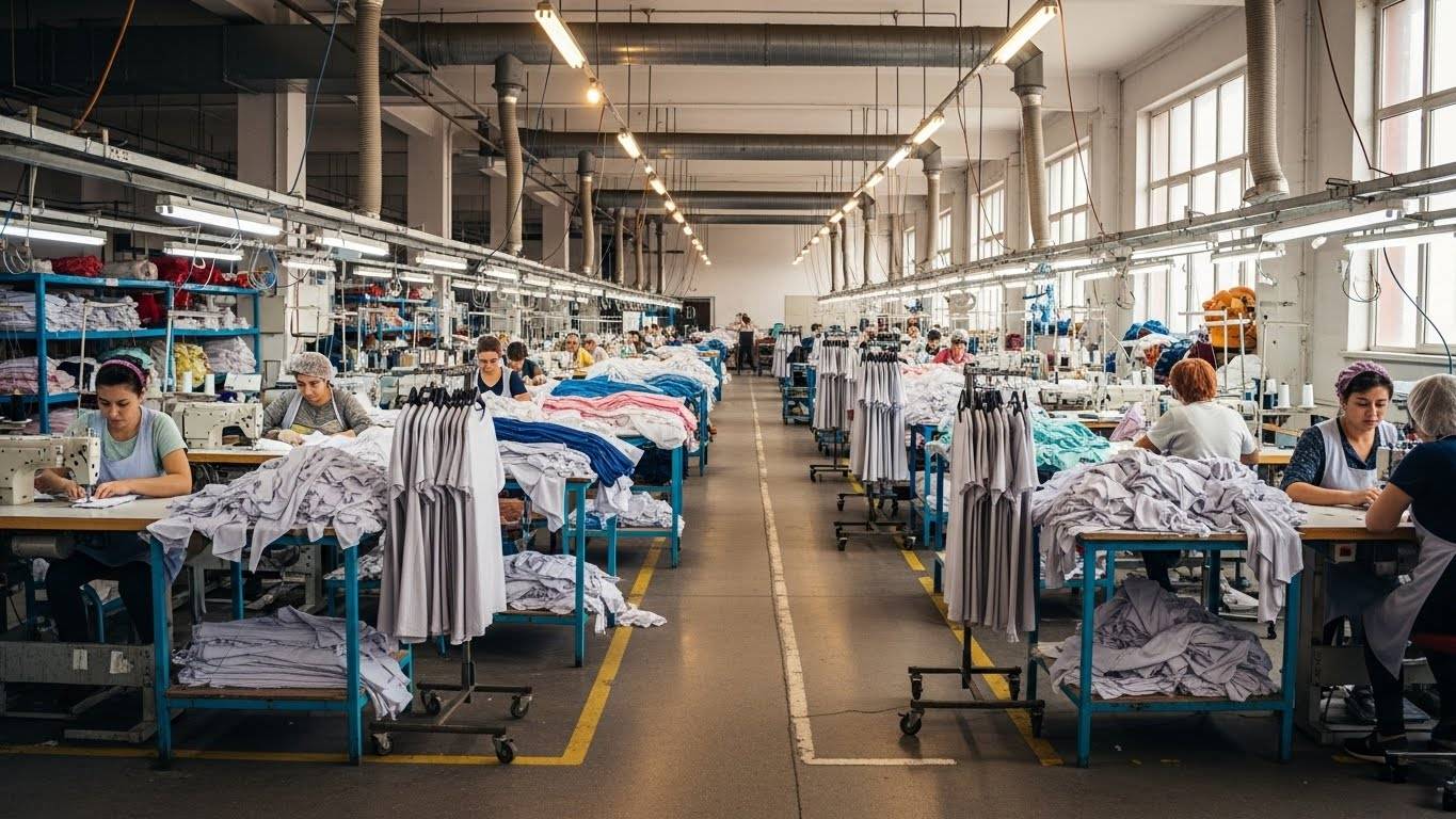 Процесс промышленного пошива одежды Промышленная швейная фабрика